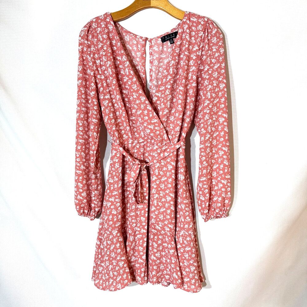 Trixxi Floral Sheer Long Sleeve V-Neck Peach Mini Dress prarie cottage core - M